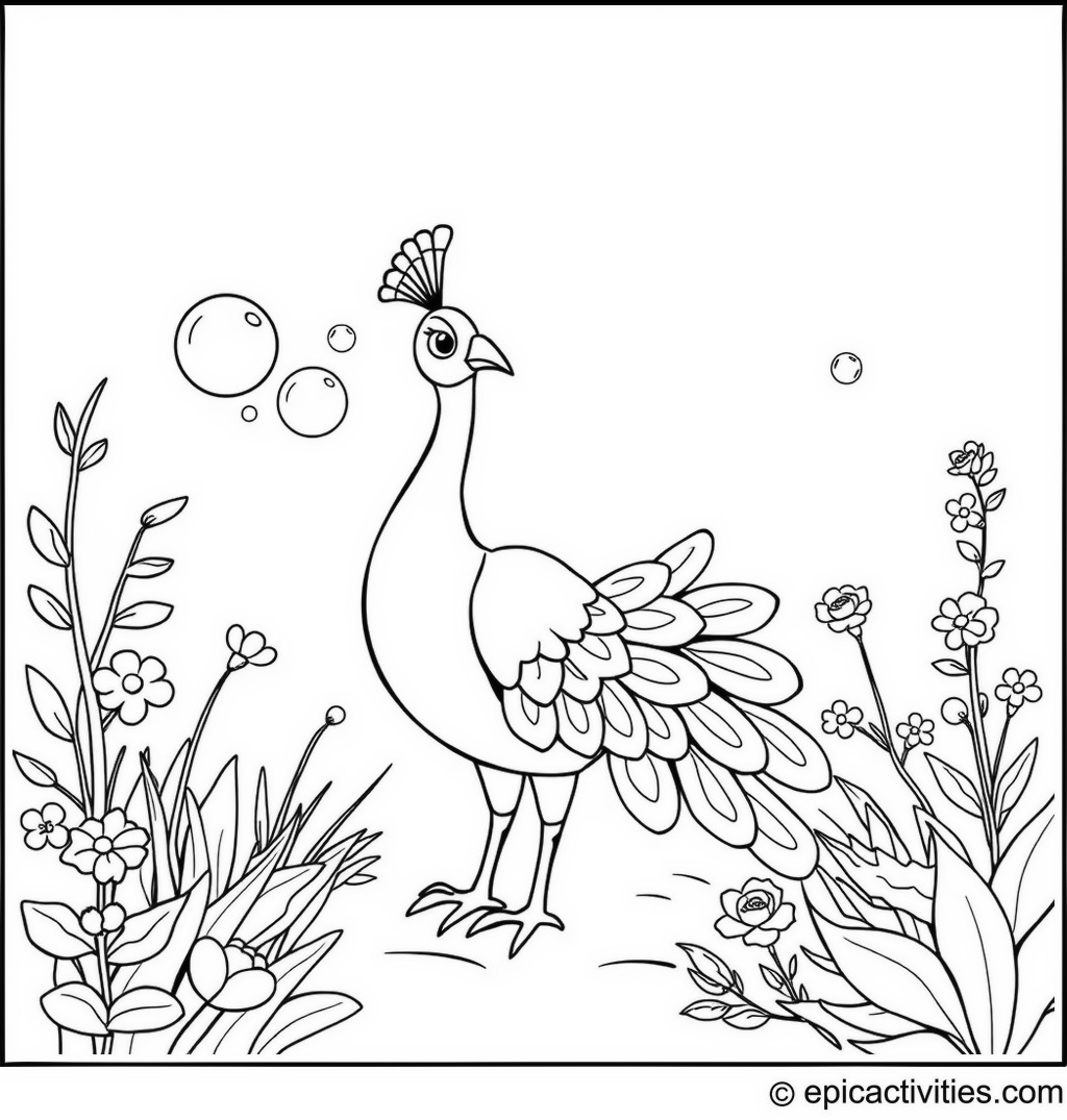 Coloring page of a Peacock Blowing Bubbles in a Simple Garden