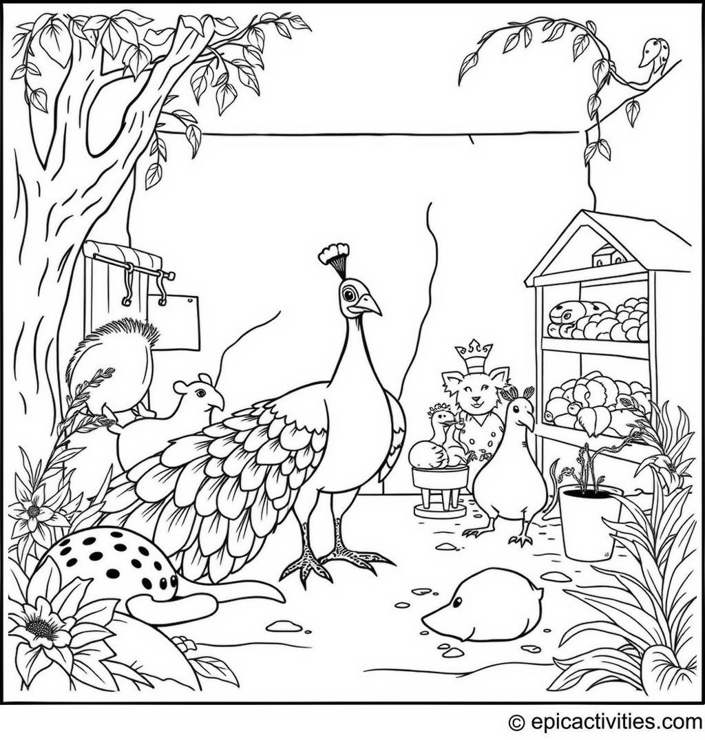 Coloring page of a Peacock Caring for Injured Animals in a Wildlife Rescue Center