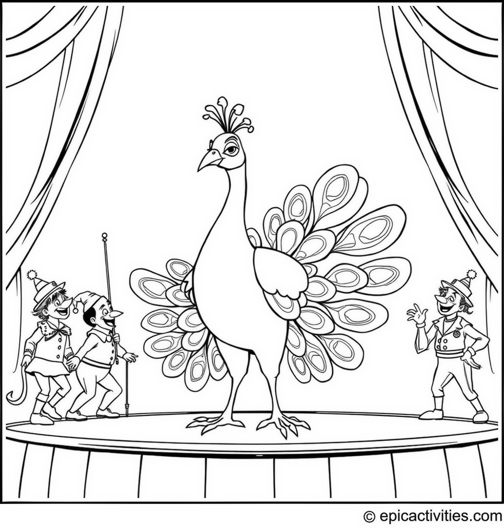 Coloring page of a Peacock Circus Ringmaster with Acrobats and Clowns