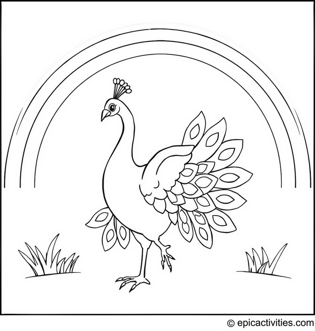 Coloring page of a peacock dancing under a rainbow