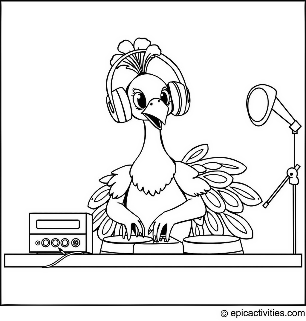 Coloring page of a Peacock DJing at a Disco Party