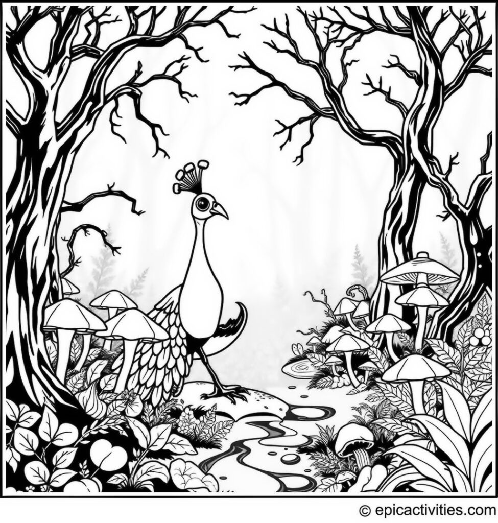 Coloring page of a Peacock Exploring a Haunted Forest
