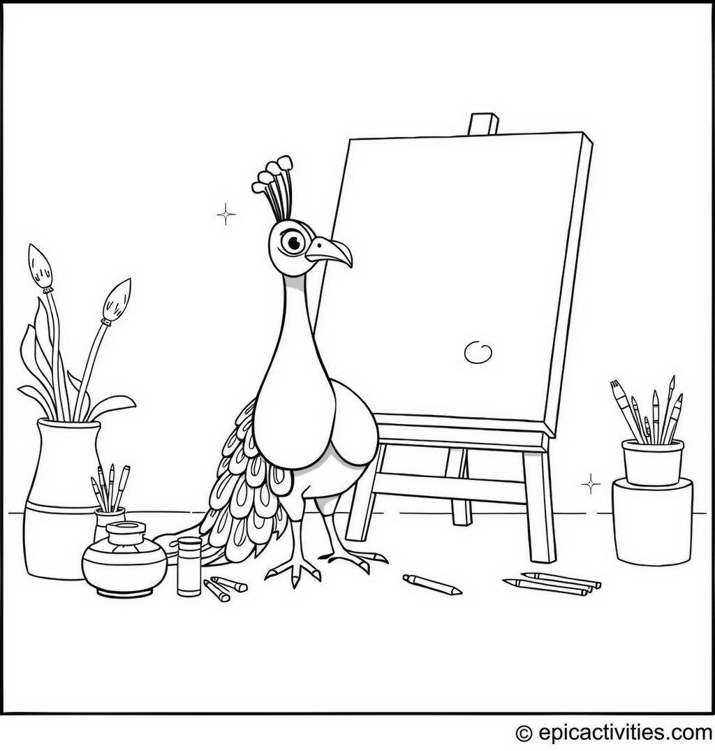Coloring page of a Peacock Painting in the Art Studio