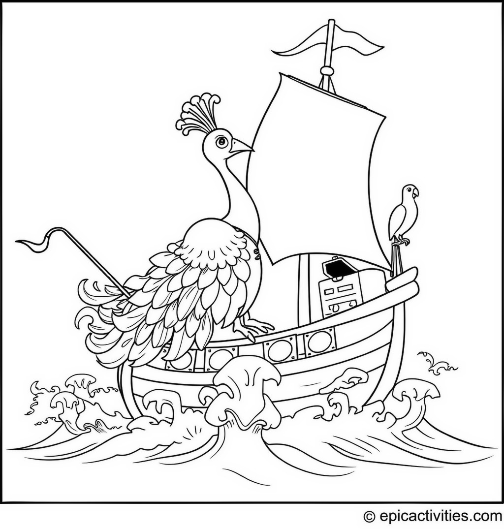 Coloring page of a Peacock Pirate Ship Adventure