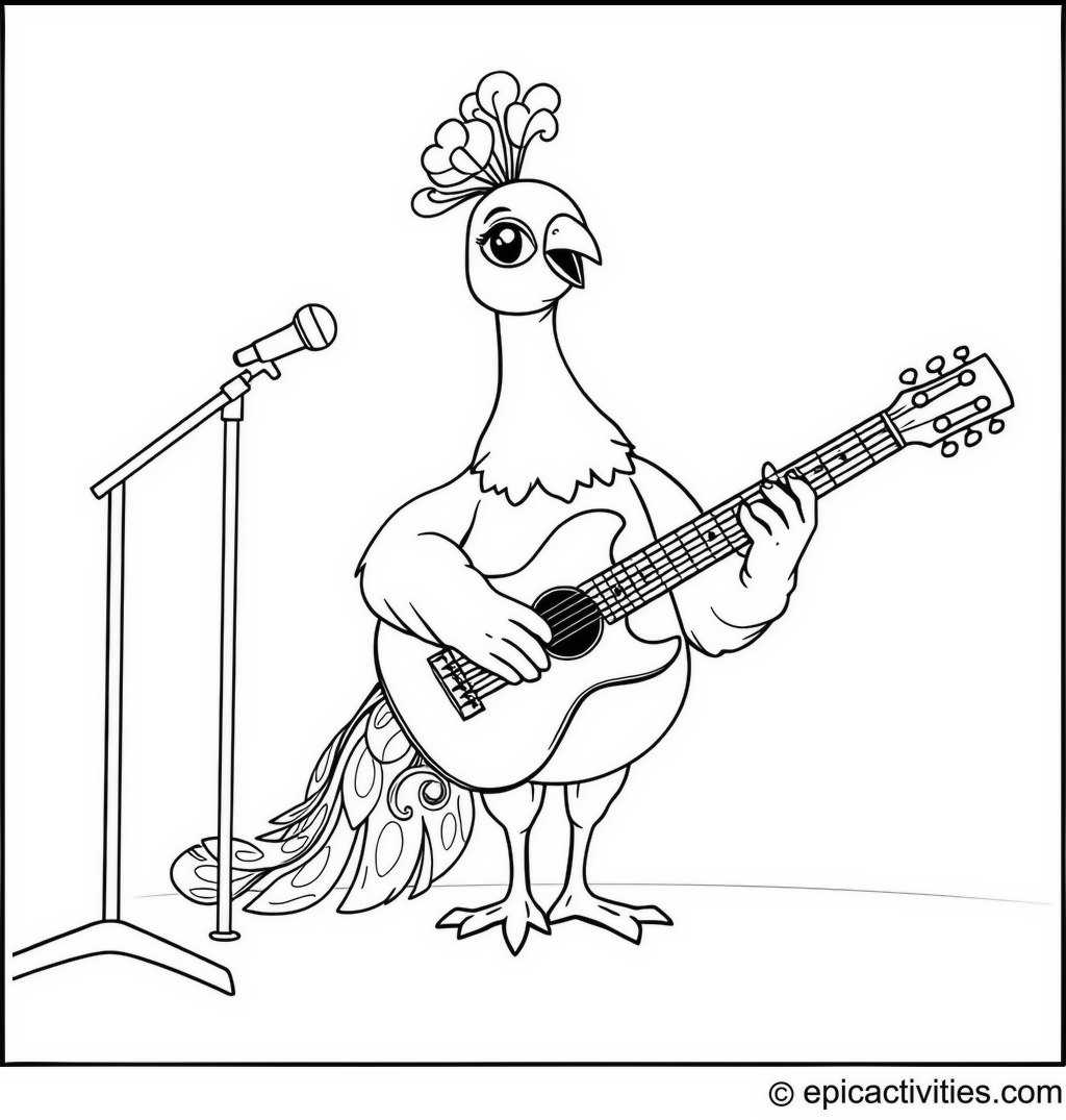 Coloring page of a Peacock Playing Guitar and Singing on Stage