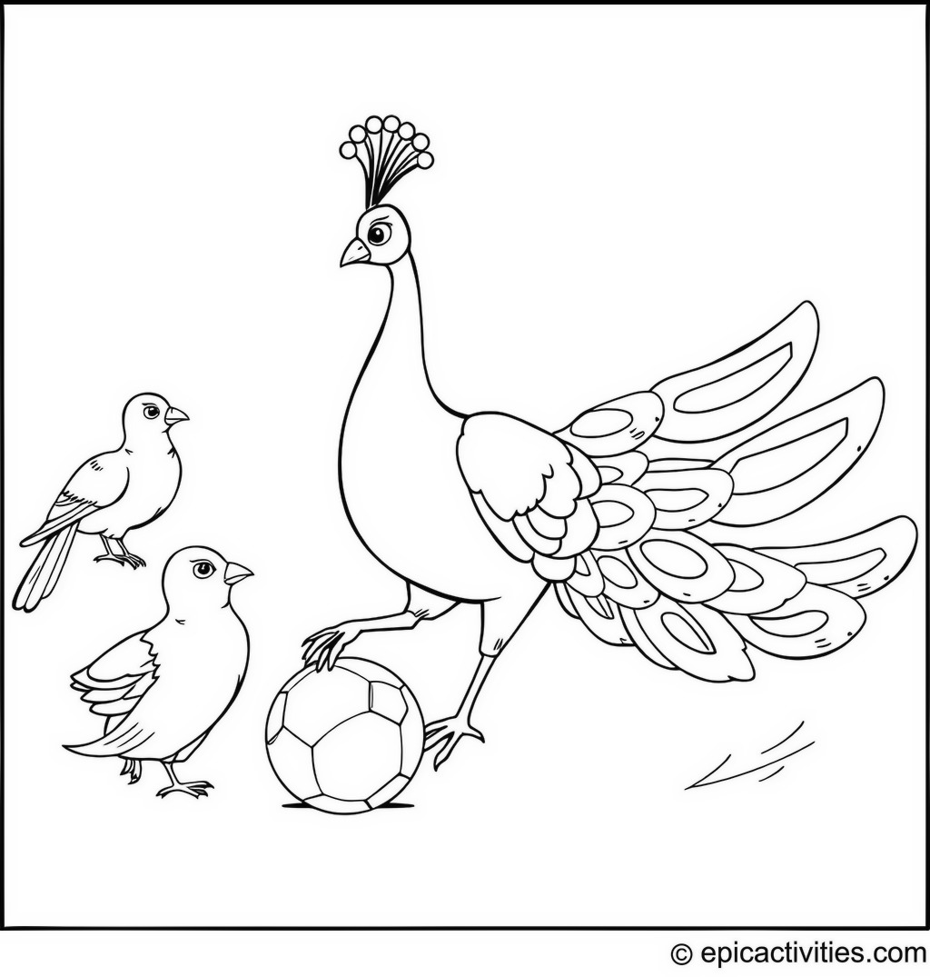 Coloring page of a Peacock Playing Soccer with Birds