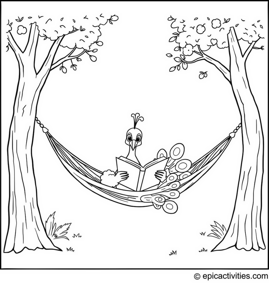 Coloring page of a Peacock Reading a Book in a Hammock
