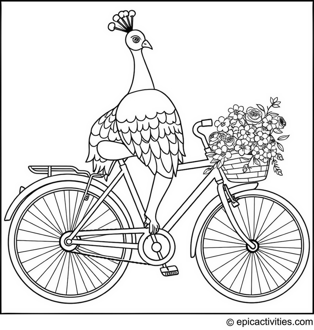 Coloring page of a Peacock Riding a Bicycle with a Basket of Flowers