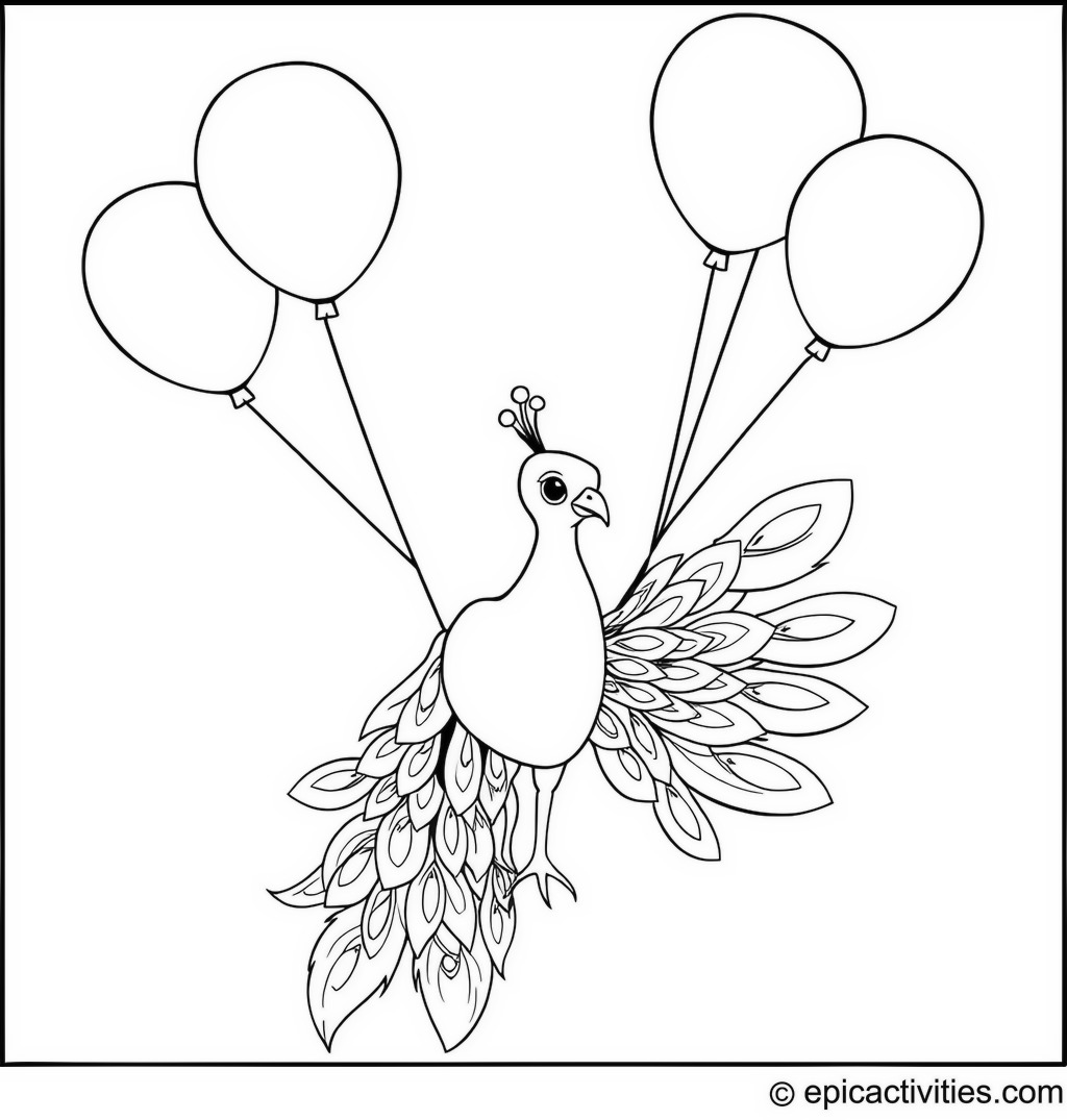 Coloring page of a Peacock with Balloons in the Sky