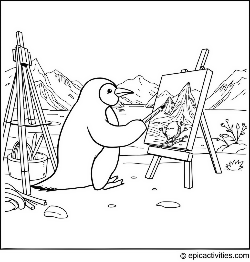 Coloring page of a Penguin Artist in the Arctic