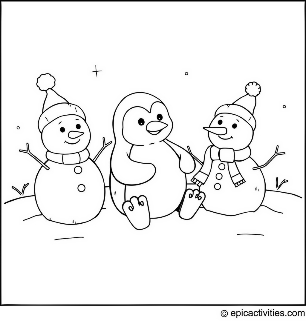 Coloring page of a penguin building snowman buddies on a snowy day