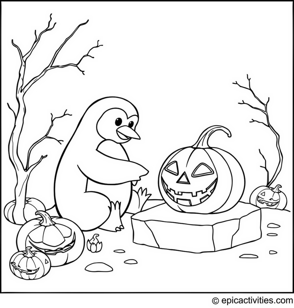 Coloring page of a Penguin Carving a Halloween Jack-o’-Lantern