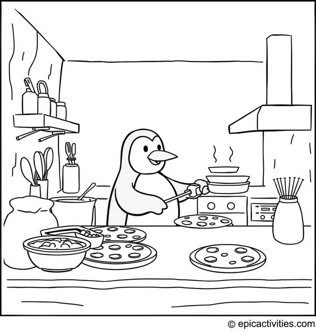 Coloring page of a Penguin Chef Making Pizzas in an Icy Kitchen