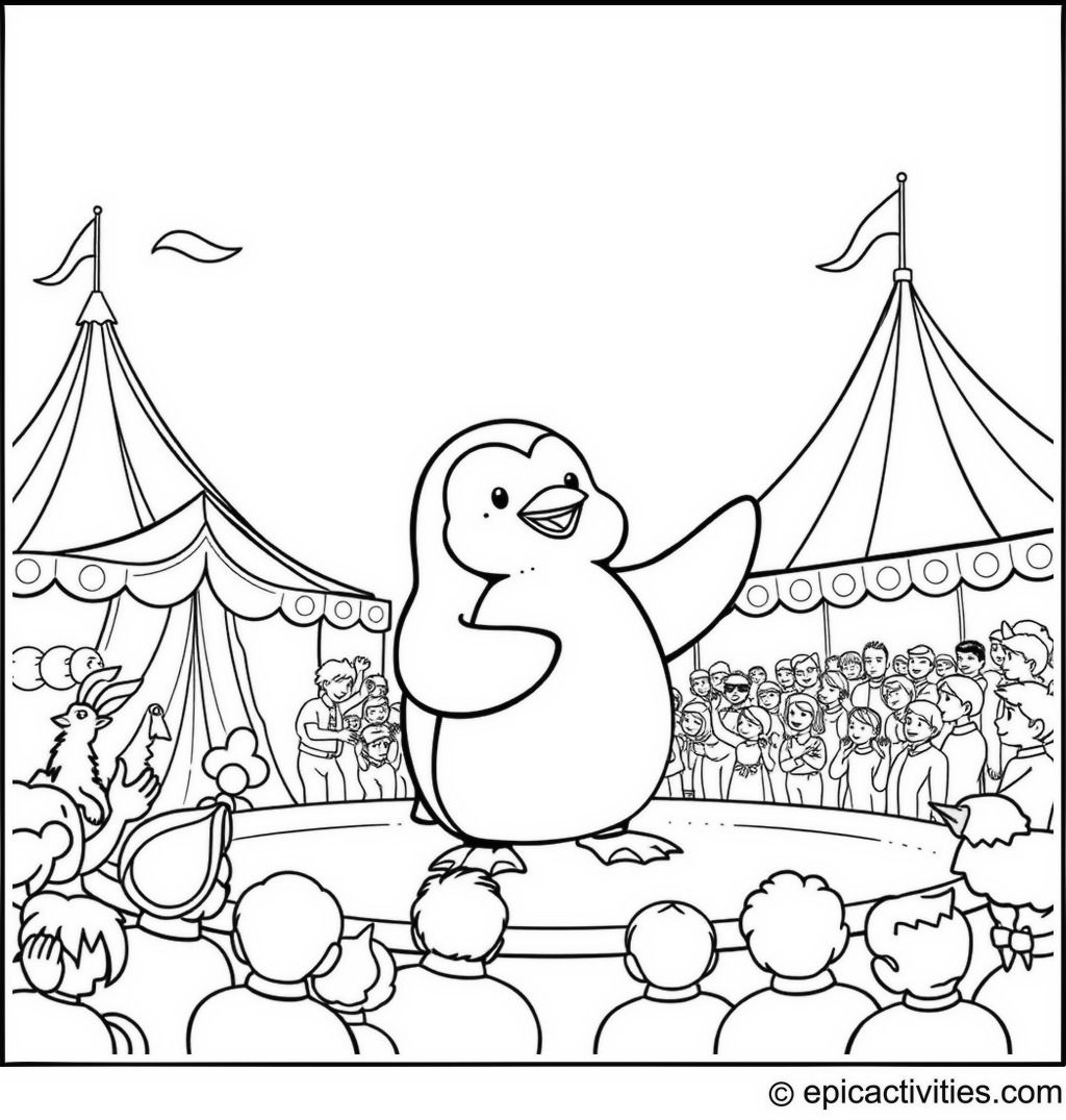 Coloring page of a Penguin Circus Performance
