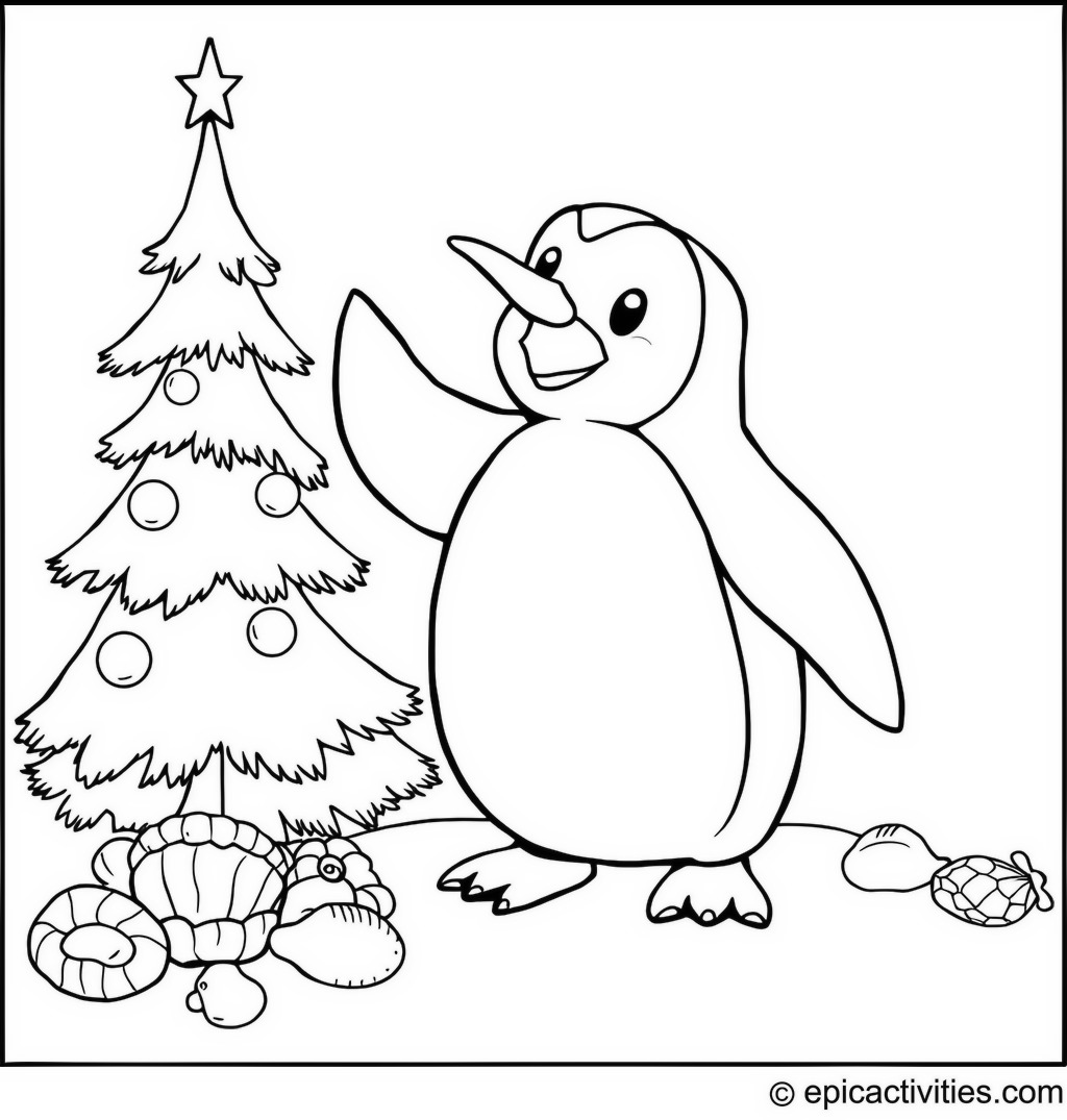 Coloring page of a Penguin Decorating a Christmas Tree with Seashells