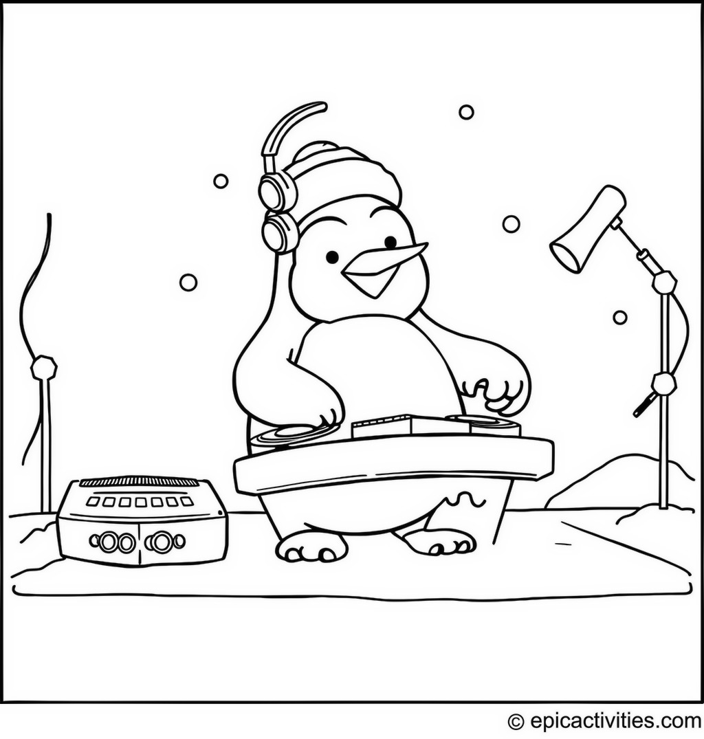 Coloring page of a Penguin DJ at a Frosty Dance Party
