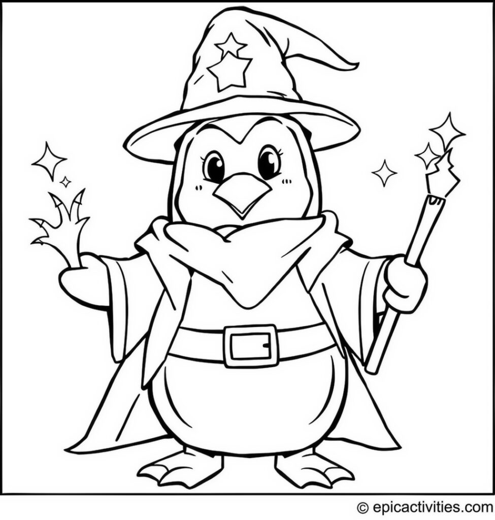 Coloring page of a Penguin Dressed as a Wizard Casting Spells