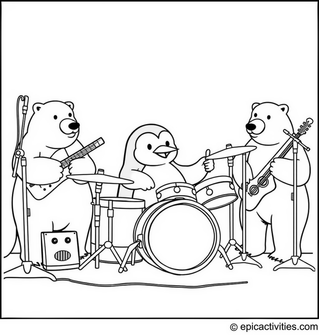Coloring page of a Penguin Drummer in a Rock Band with Polar Bears