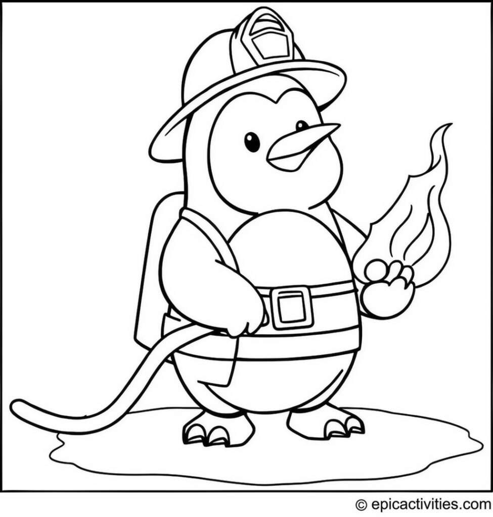 Coloring page of a Penguin Firefighter Putting Out Ice Fire
