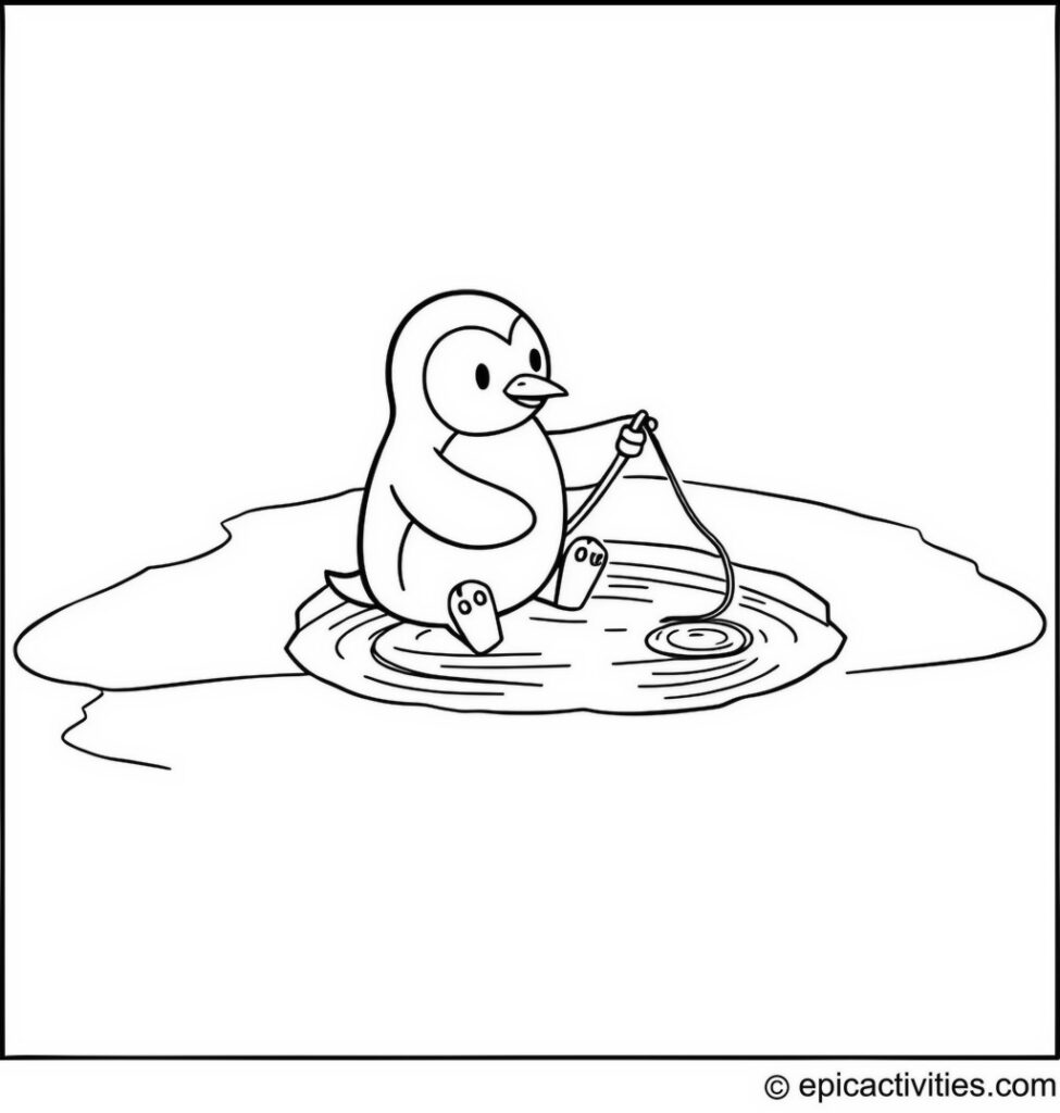 Coloring page of a Penguin Fishing in an Ice Hole