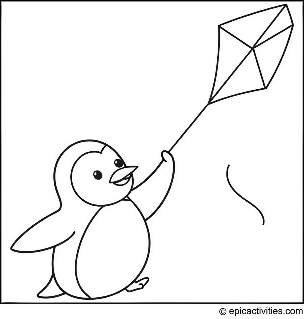 Coloring page of a Penguin Flying a Fish Kite
