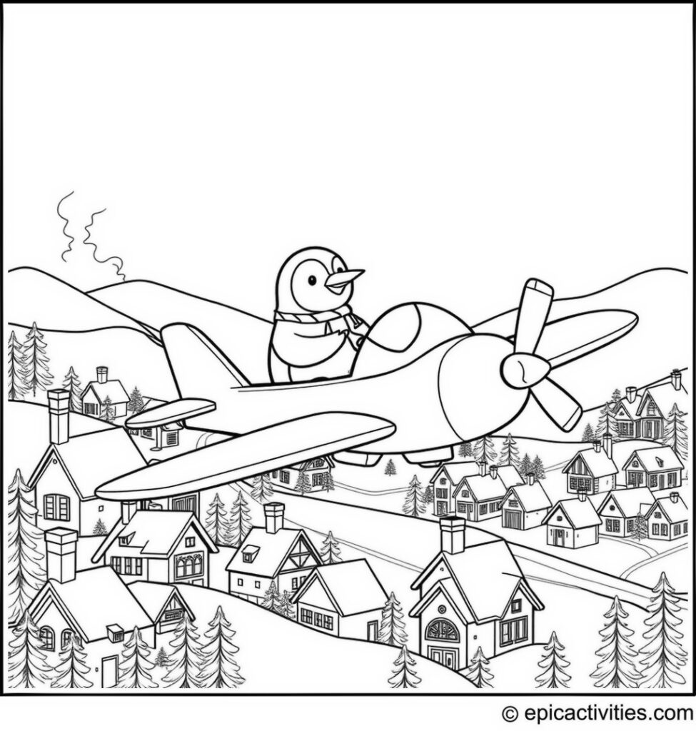 Coloring page of a Penguin Flying a Light Aircraft over a Snowy Village