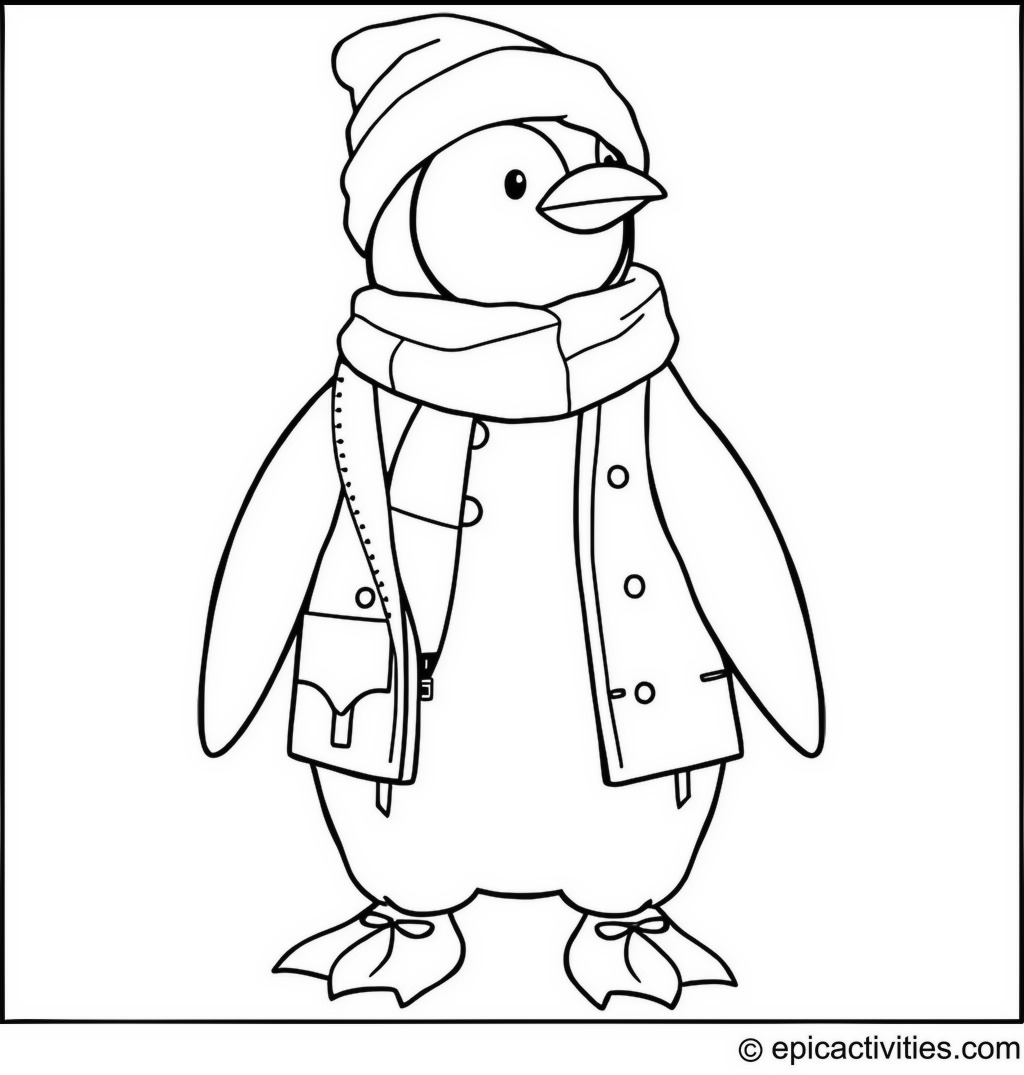 Coloring page of a Penguin Getting Ready for a Winter Fashion Show