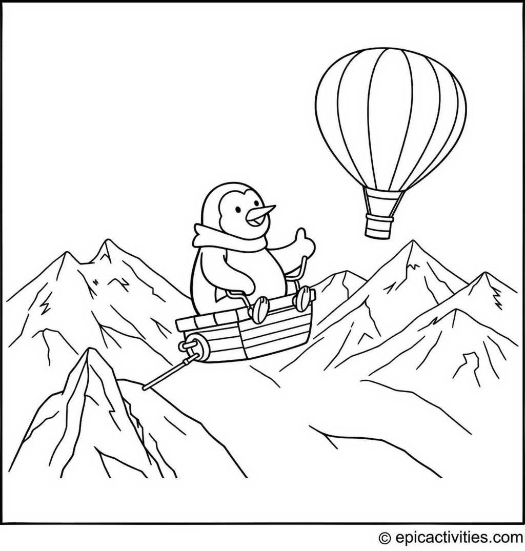 Coloring page of a Penguin in a Hot Air Balloon Race