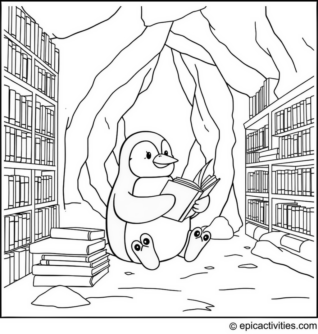 Coloring page of a Penguin in an Icy Library