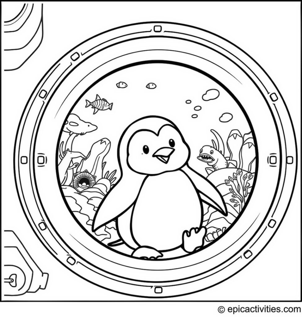 Coloring page of a Penguin in an Underwater Submarine with Arctic Sea Creatures