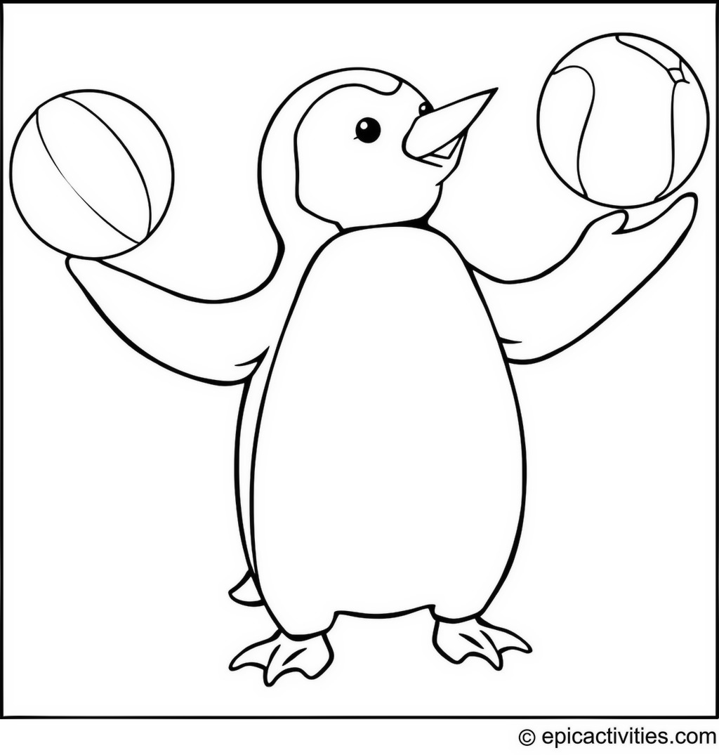 Coloring page of a Penguin Juggling Colorful Beach Balls