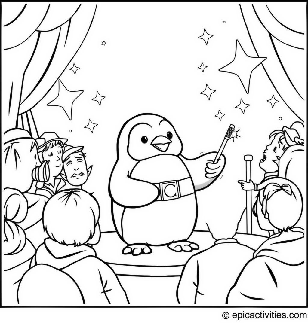 Coloring page of a Penguin Magic Show