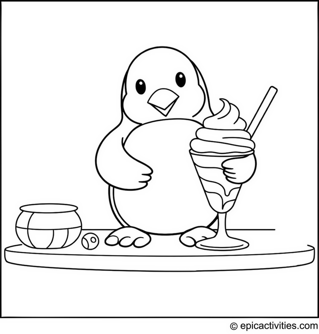 Coloring page of a Penguin Making Ice Cream Sundaes