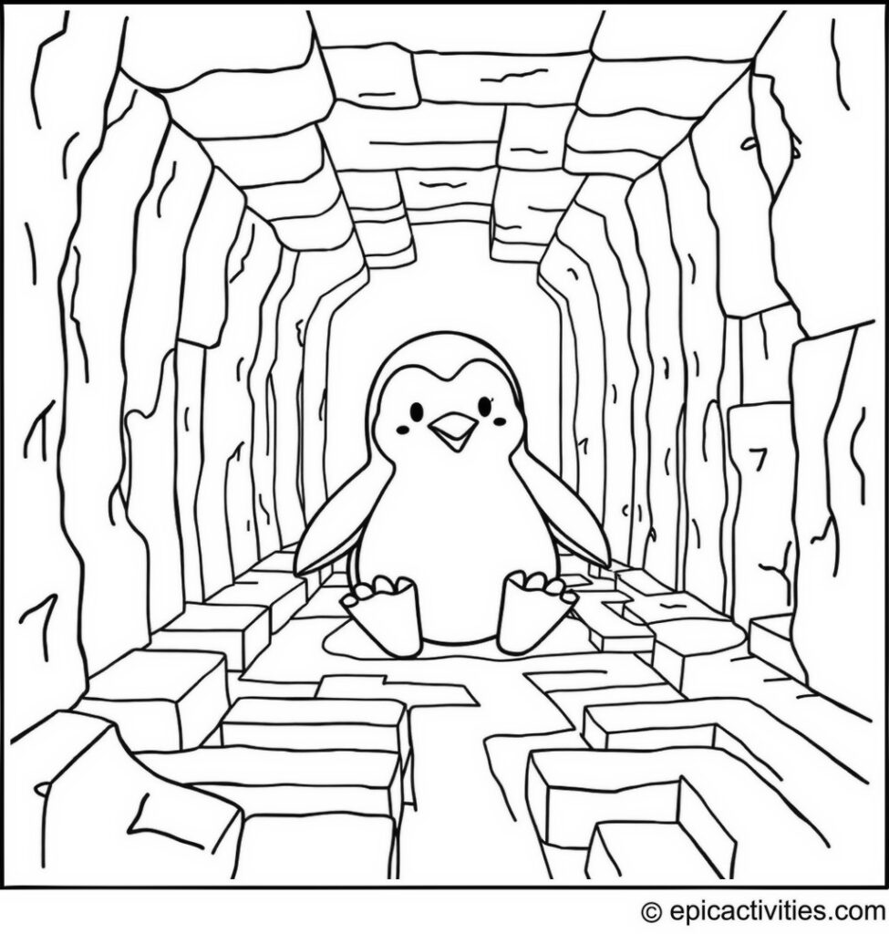 Coloring page of a Penguin Maze Adventure