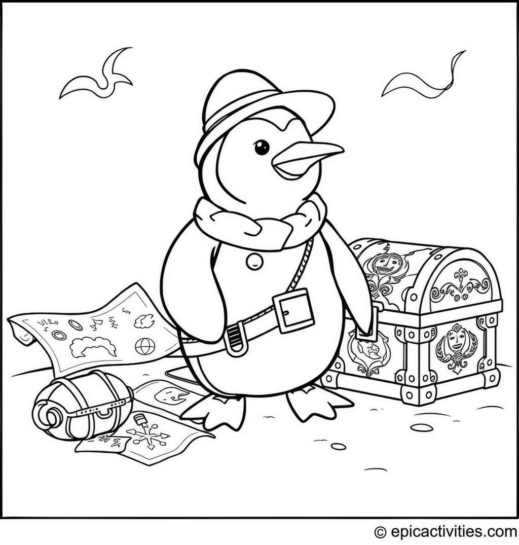 Coloring page of a Penguin on a Treasure Hunt