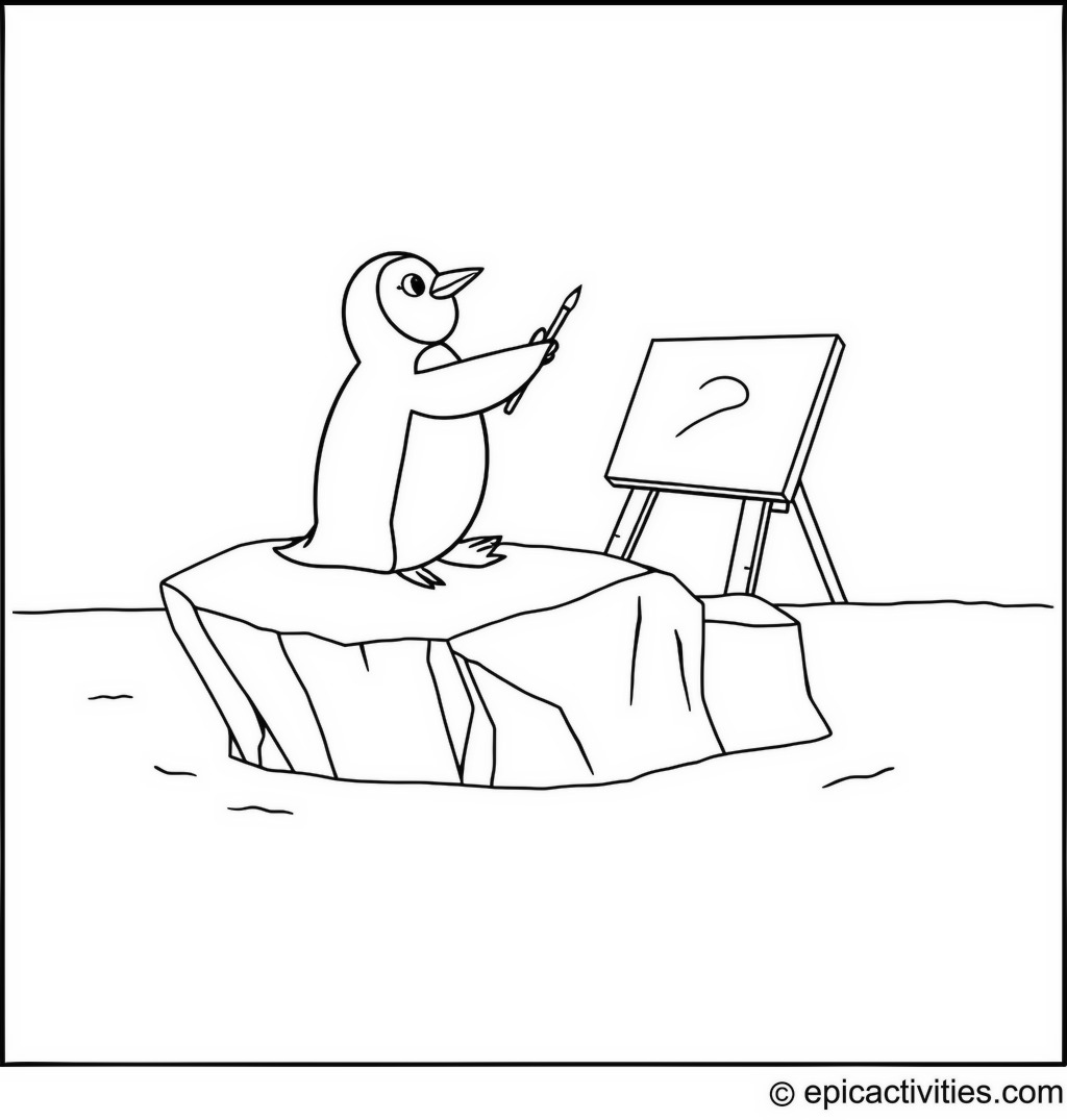 Coloring page of a Penguin Painting a Rainbow on an Iceberg