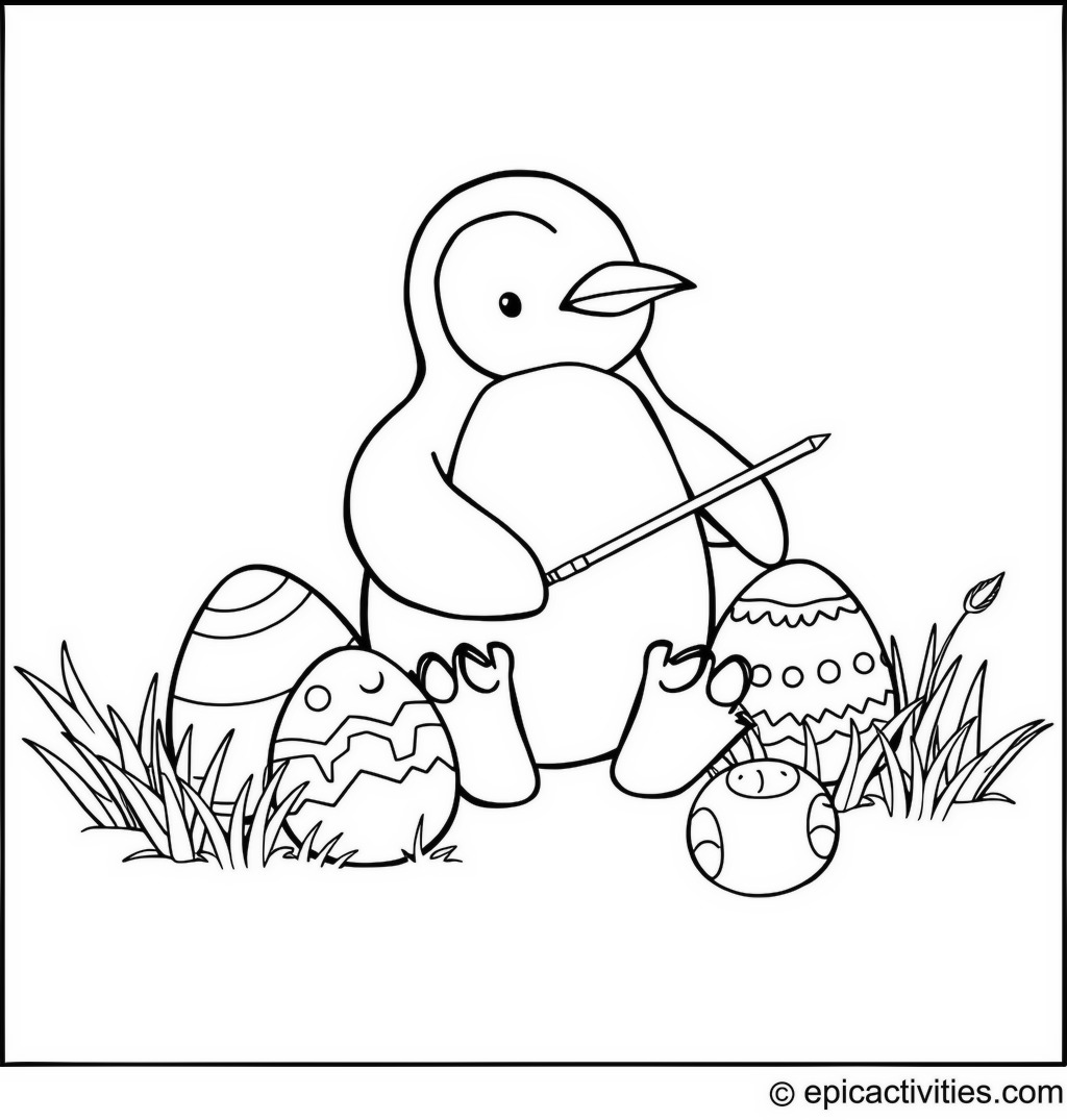 Coloring page of a Penguin Painting Easter Eggs