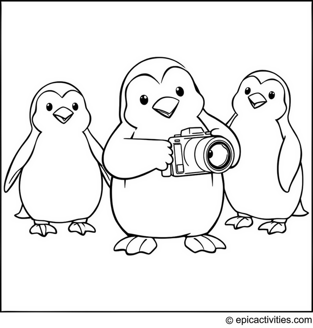 Coloring page of a Penguin Photographer Capturing Moments with Friends