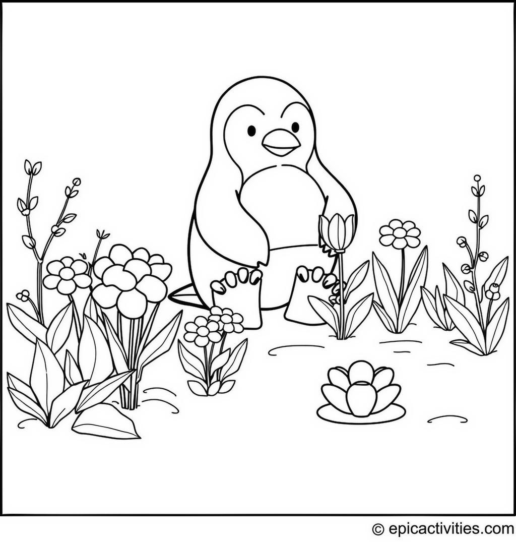 Coloring page of a Penguin Planting Flowers in a Frosty Garden