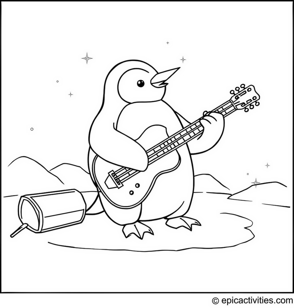 Coloring page of a Penguin Playing Guitar at an Ice Concert