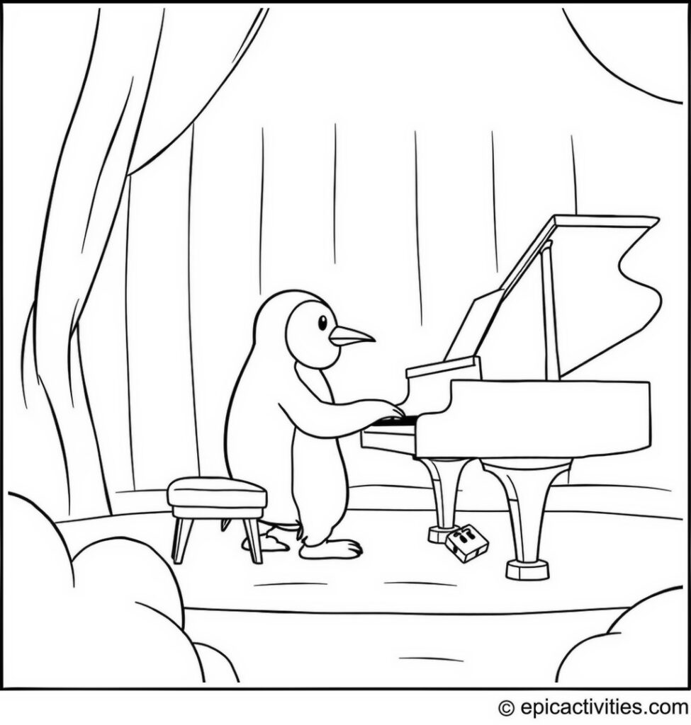 Coloring page of a Penguin Playing the Piano in an Arctic Concert Hall