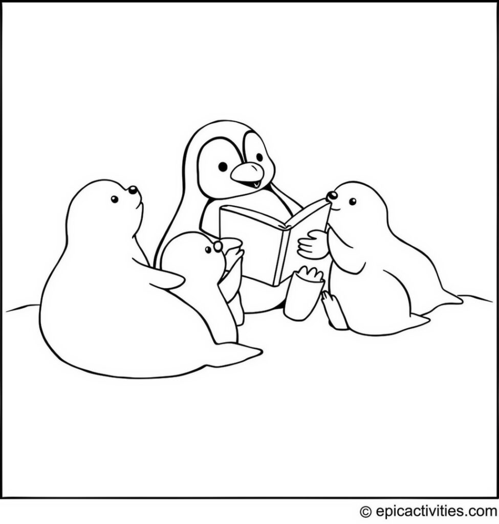 Coloring page of a Penguin Reading a Bedtime Story to Baby Seals