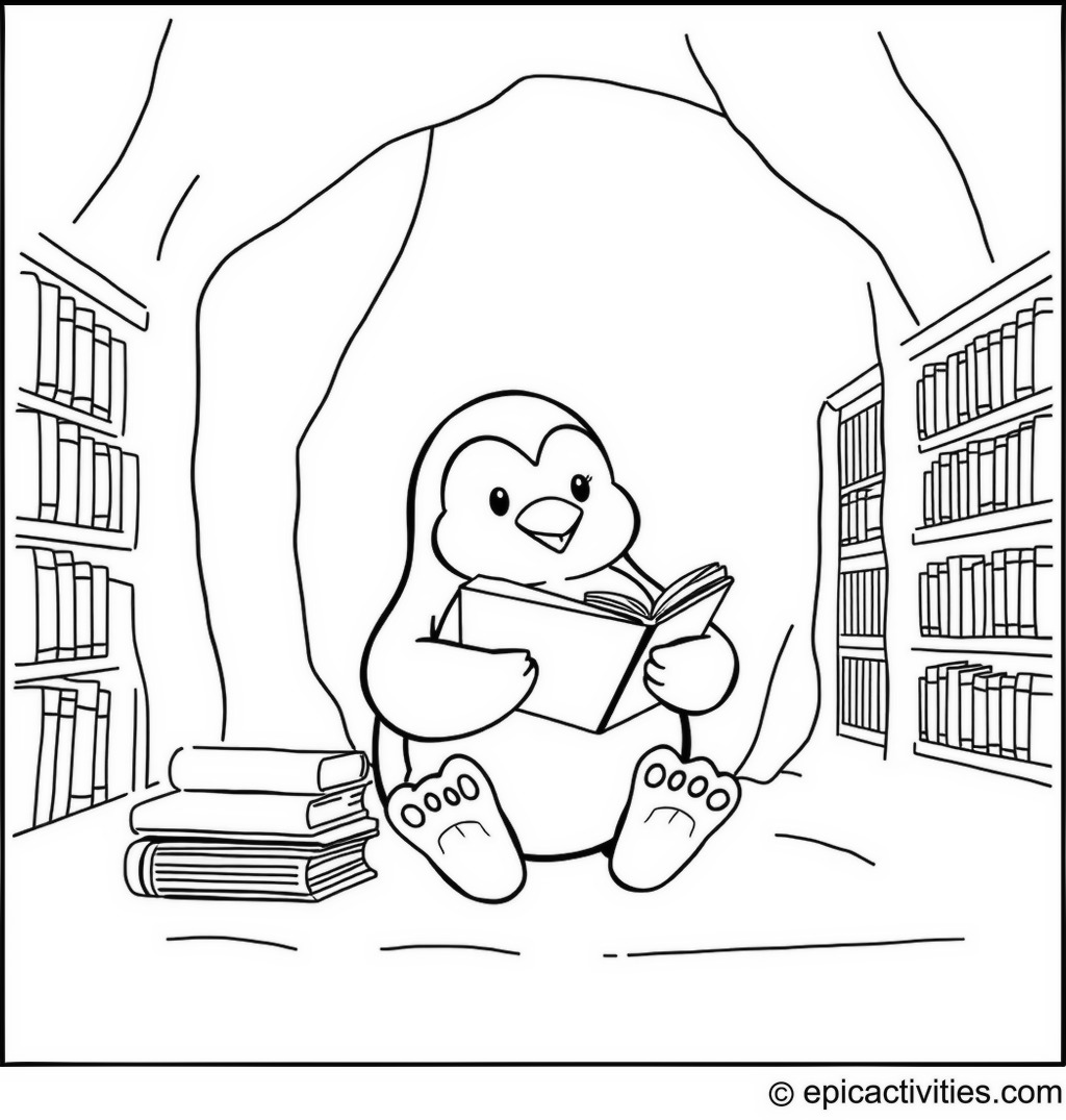 Coloring page of a Penguin Reading Books in an Ice Library