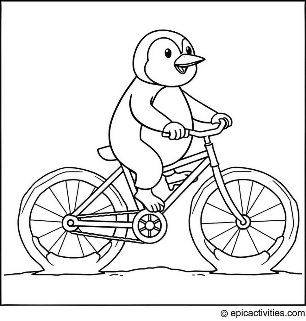 Coloring page of a Penguin Riding an Ice Bicycle