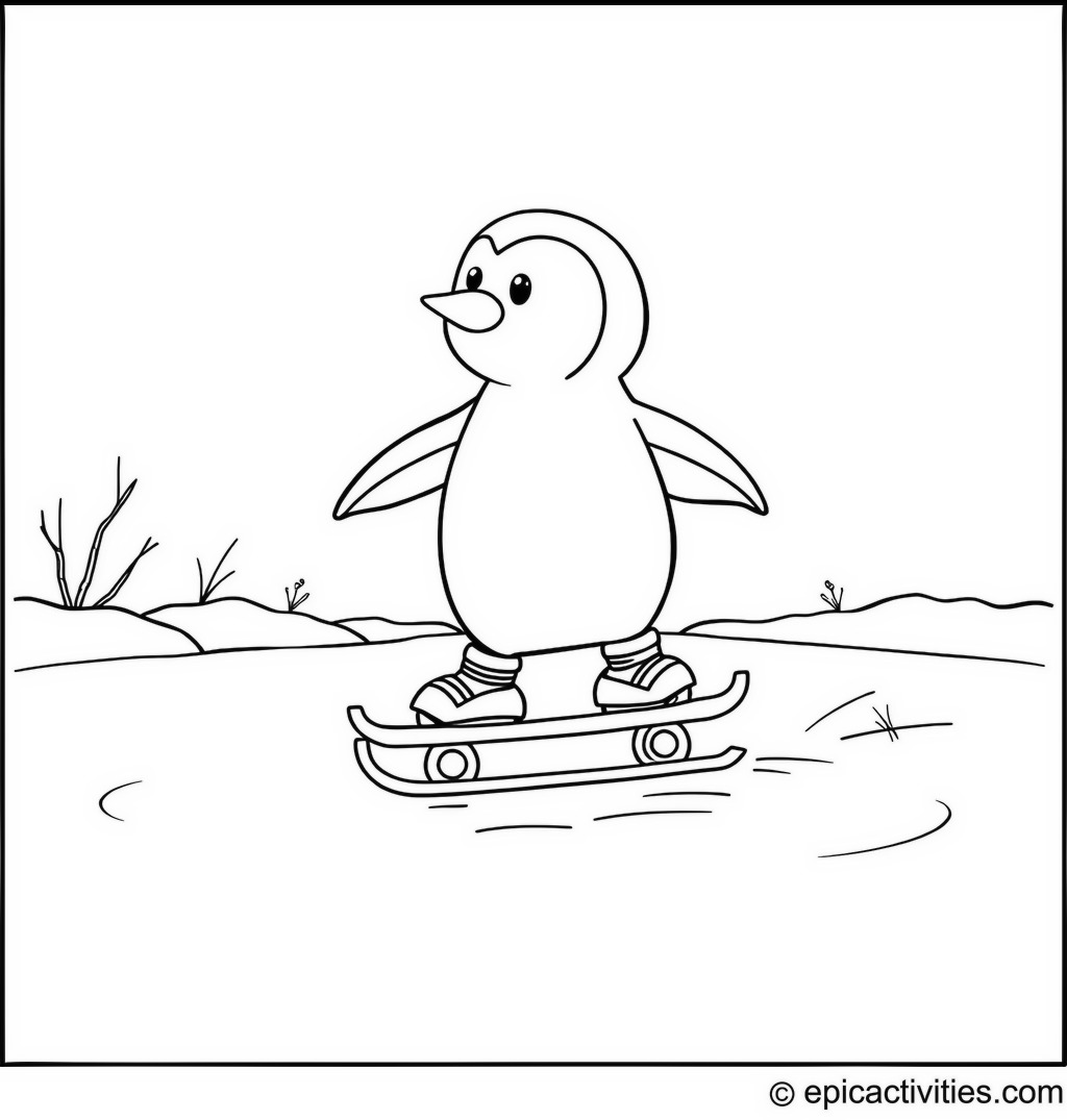 Coloring Page of a Penguin Rollerblading on a Frozen Pond