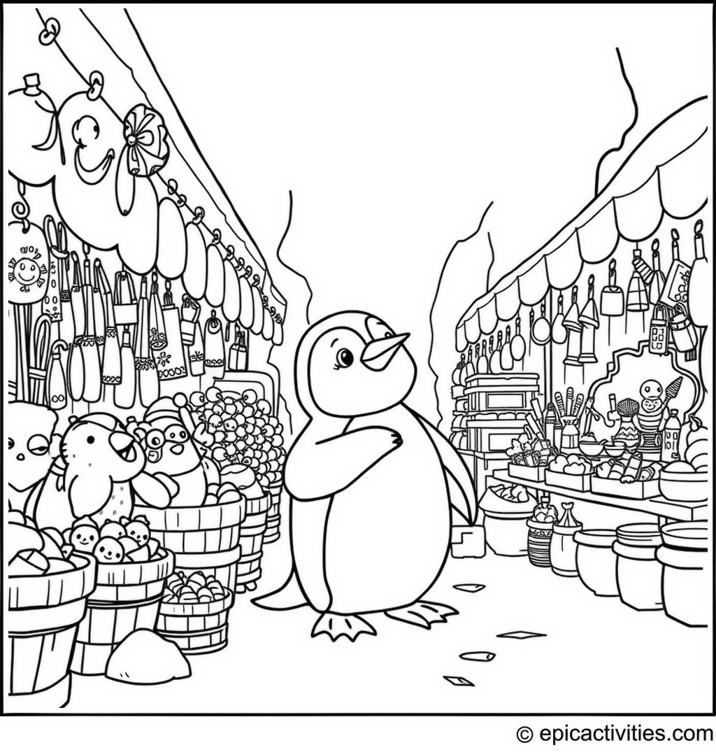 Coloring page of a Penguin Running an Arctic Bazaar