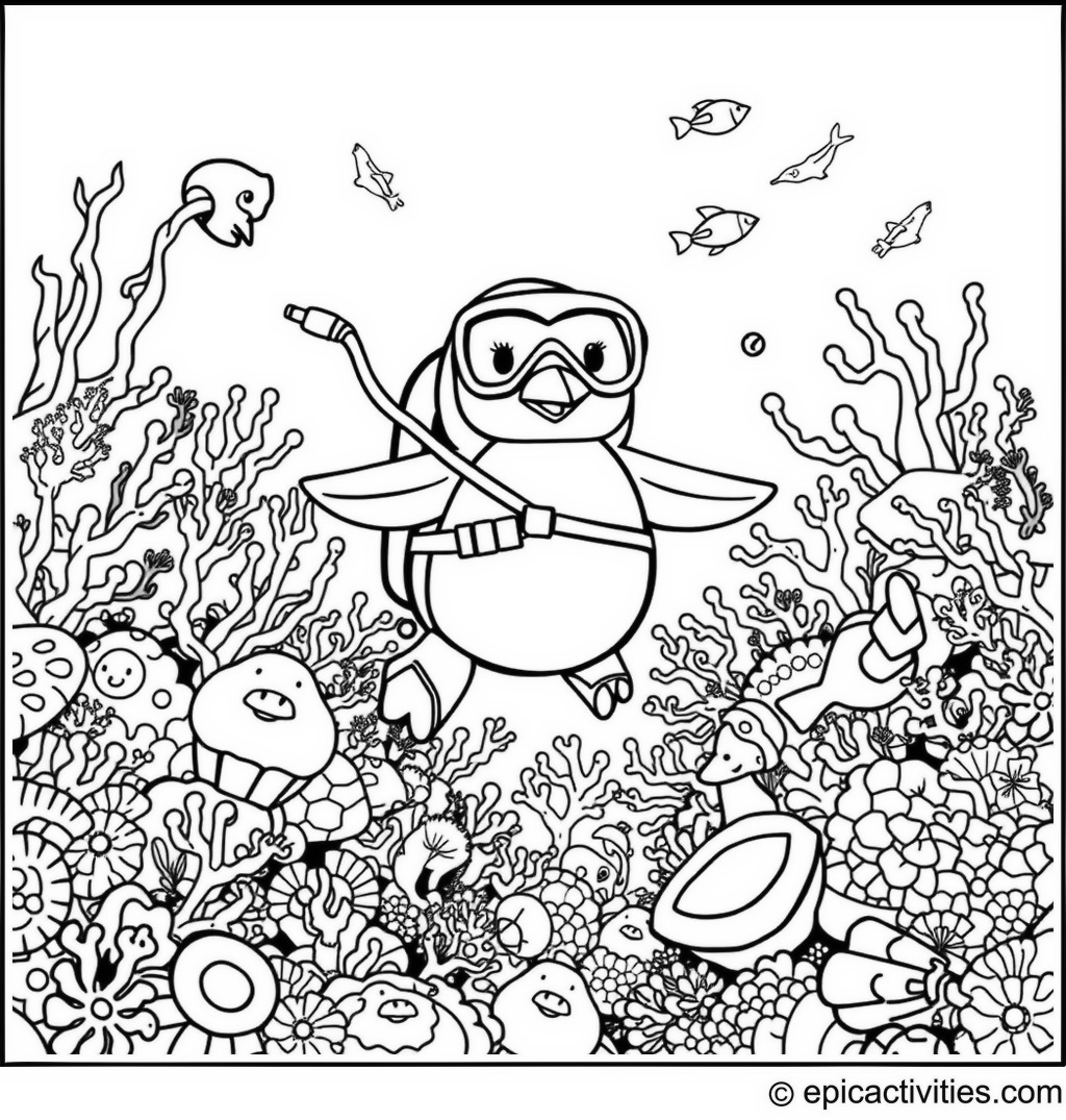 Coloring page of a Penguin Scuba Diving in a Coral Reef