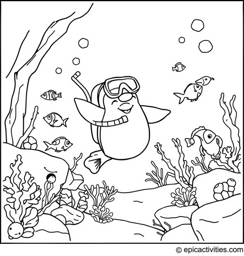 Coloring page of a Penguin Scuba Diving with Colorful Fish
