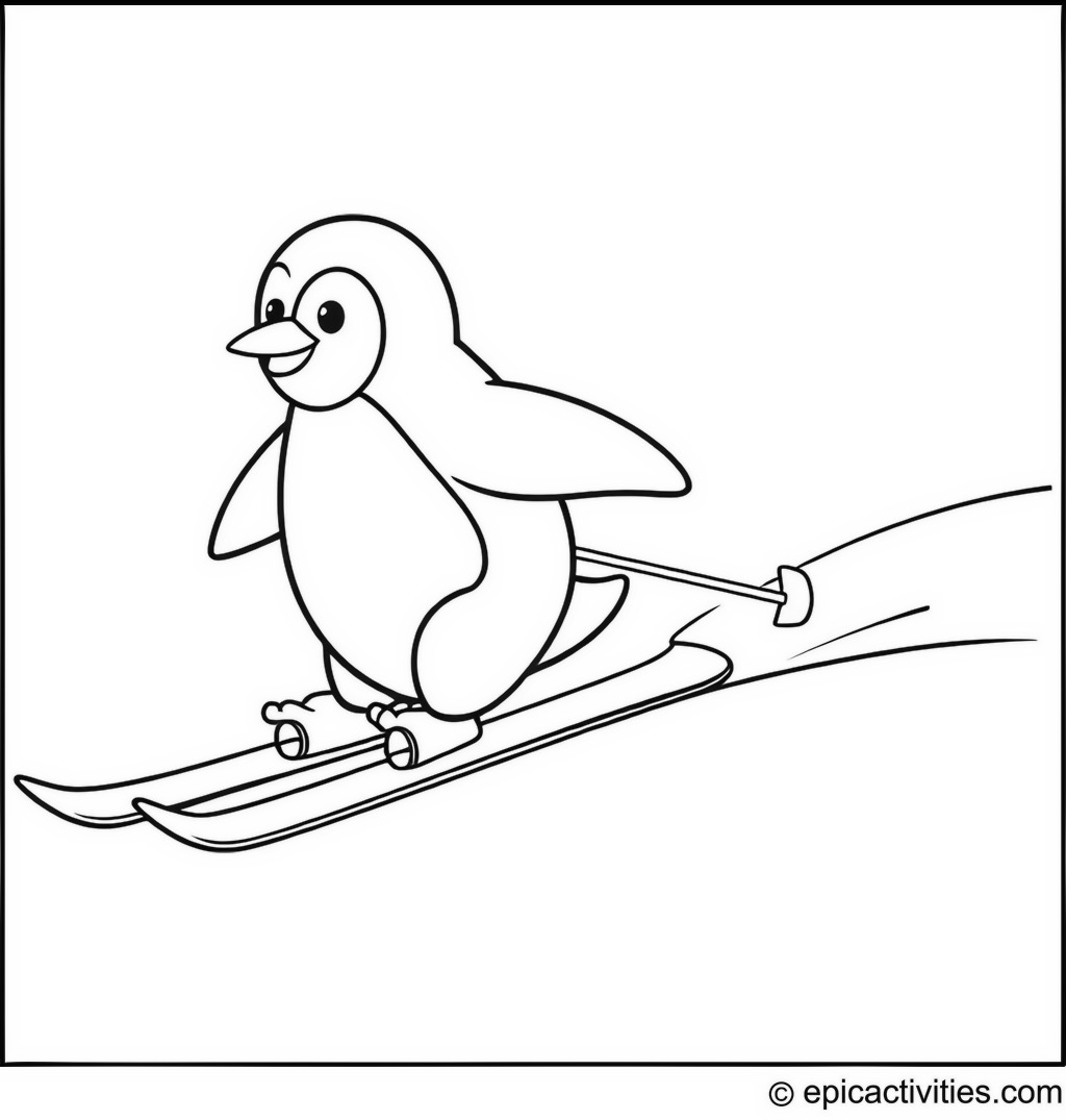 Coloring page of a Penguin Skiing Down a Snowy Slope