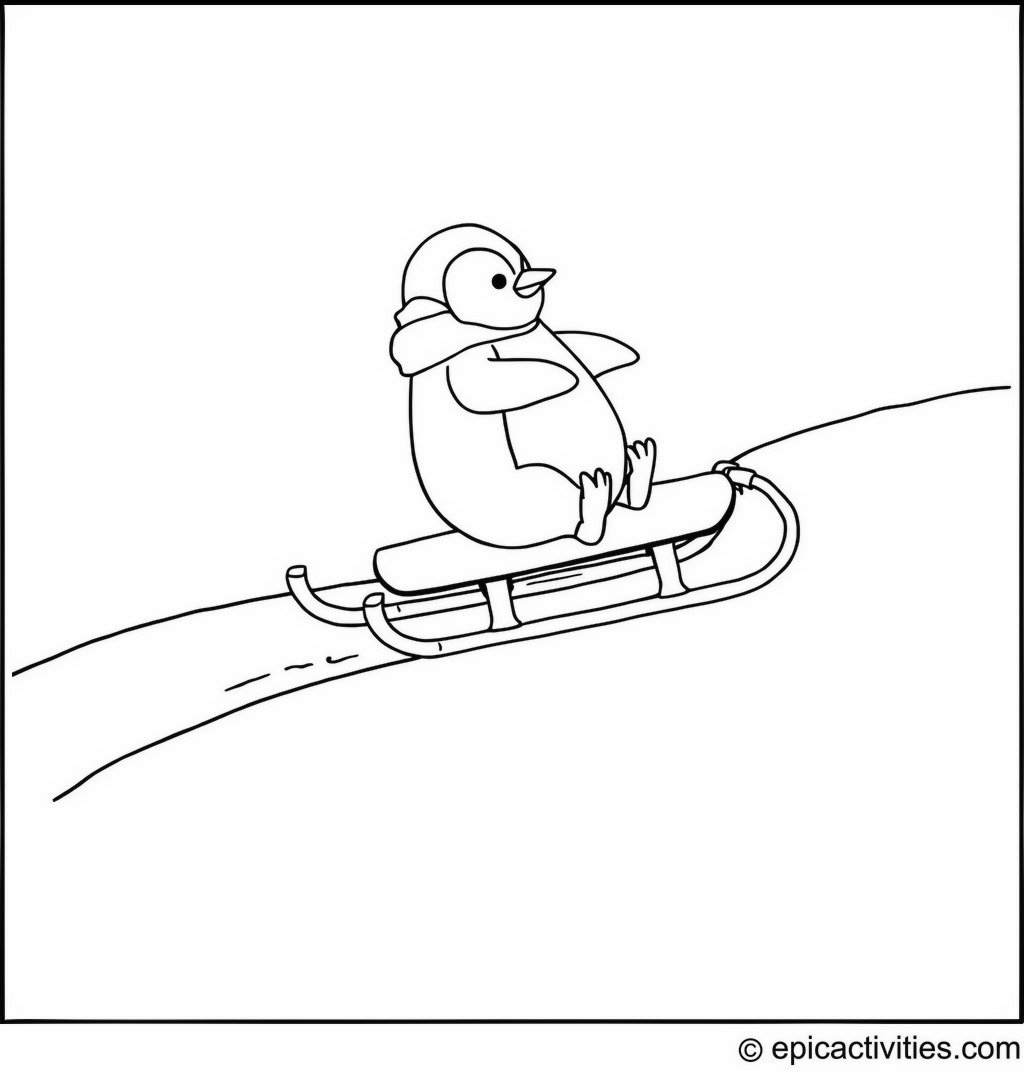 Coloring page of a Penguin Sledding in the Snow